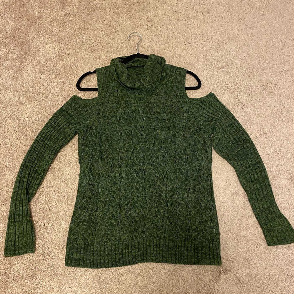 Green cowl neck cold shoulder sweater